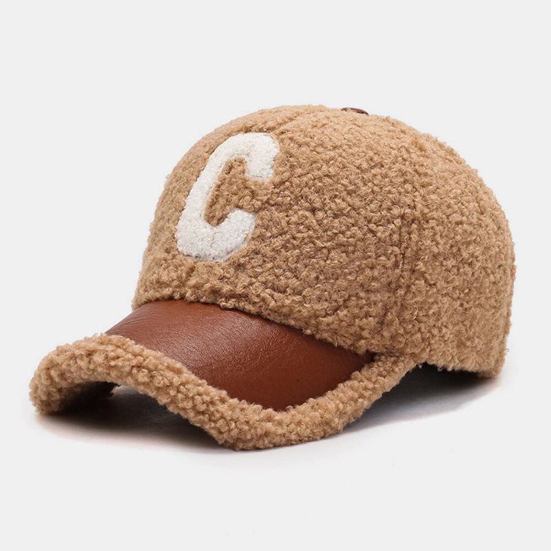 Hommes Casquette De Baseball En Peluche Pu Patchwork C Lettre Motif Extérieur Chaleur Mode Lierre Conduite Chapeau Pour Les Femmes