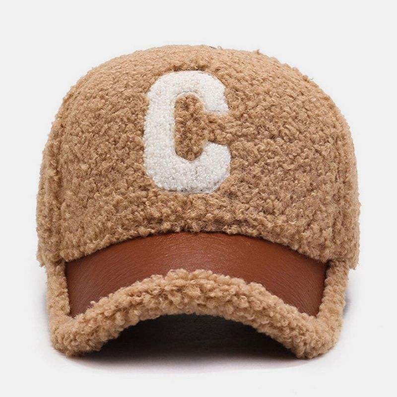 Hommes Casquette De Baseball En Peluche Pu Patchwork C Lettre Motif Extérieur Chaleur Mode Lierre Conduite Chapeau Pour Les Femmes