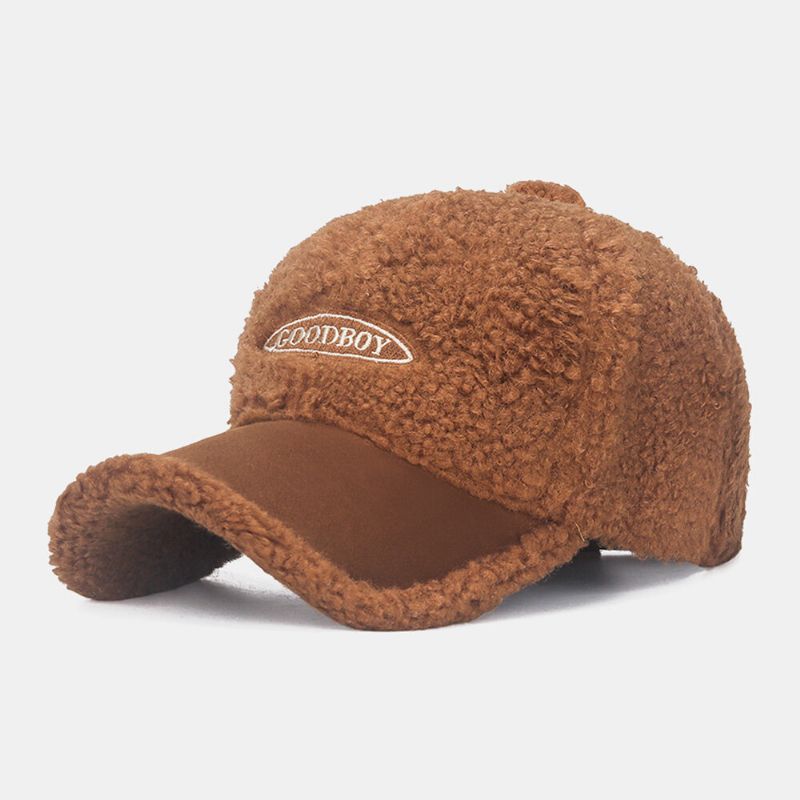 Hommes Casquette De Baseball Teddy Velours Daim Couleur Contraste Patchwork Broderie Chaleur Chapeau Pour Femmes