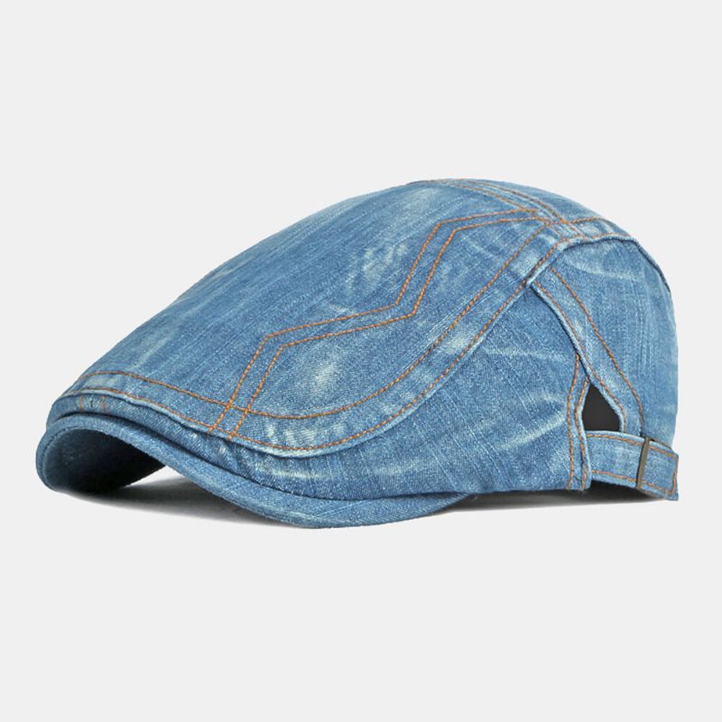 Hommes Casquette Gavroche Denim Lavé Solide Surpiqûres Points Extérieur Respirant Parasol Casual Vintage Avant Chapeau Béret Casquette Plate