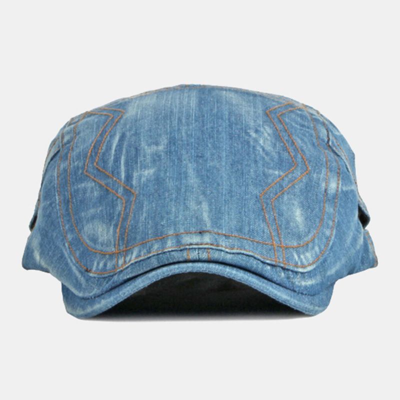 Hommes Casquette Gavroche Denim Lavé Solide Surpiqûres Points Extérieur Respirant Parasol Casual Vintage Avant Chapeau Béret Casquette Plate