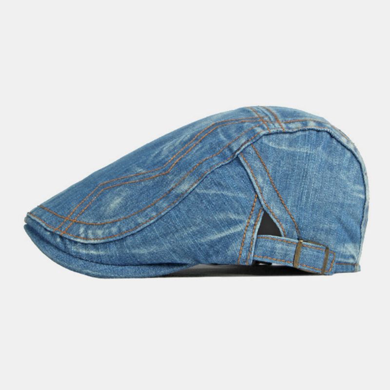 Hommes Casquette Gavroche Denim Lavé Solide Surpiqûres Points Extérieur Respirant Parasol Casual Vintage Avant Chapeau Béret Casquette Plate