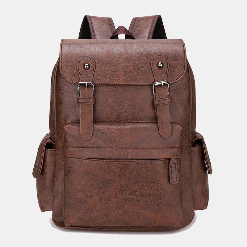 Hommes Casual Voyage Multi-poches Grande Capacité Sac À Dos Solide Rétro Résistant À L'usure Étanche Pu En Cuir Souple 14 Pouces Sac Pour Ordinateur Portable