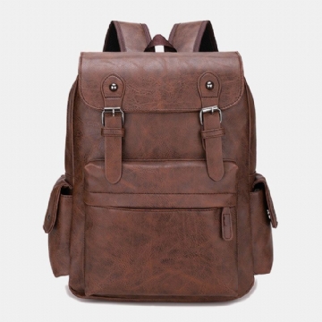 Hommes Casual Voyage Multi-poches Grande Capacité Sac À Dos Solide Rétro Résistant À L'usure Étanche Pu En Cuir Souple 14 Pouces Sac Pour Ordinateur Portable