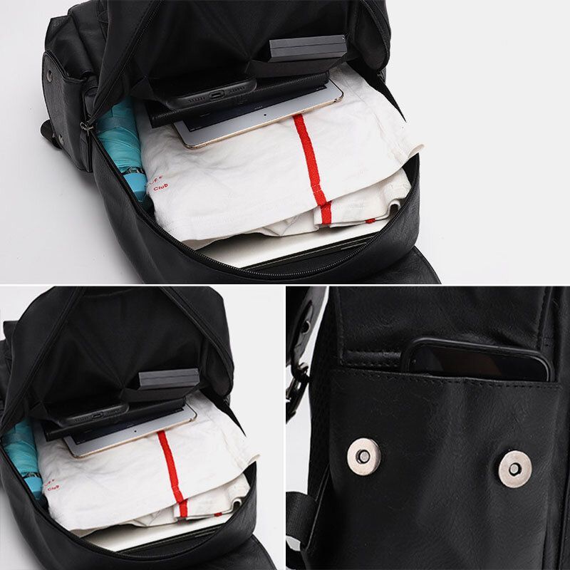 Hommes Casual Voyage Multi-poches Grande Capacité Sac À Dos Solide Rétro Résistant À L'usure Étanche Pu En Cuir Souple 14 Pouces Sac Pour Ordinateur Portable