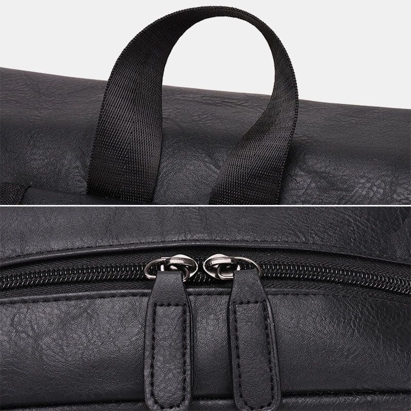 Hommes Casual Voyage Multi-poches Grande Capacité Sac À Dos Solide Rétro Résistant À L'usure Étanche Pu En Cuir Souple 14 Pouces Sac Pour Ordinateur Portable