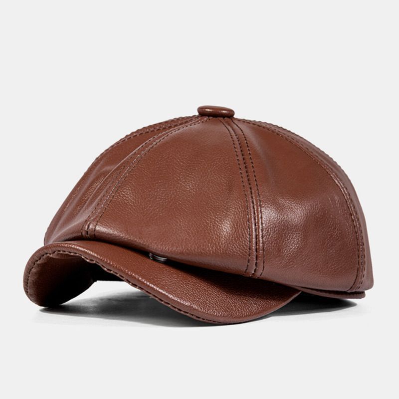 Hommes Chapeau Octogonal Plaine Première Couche Peau De Vache Automne Hiver Coupe-vent Chaud Bérets Gavroche Chapeaux