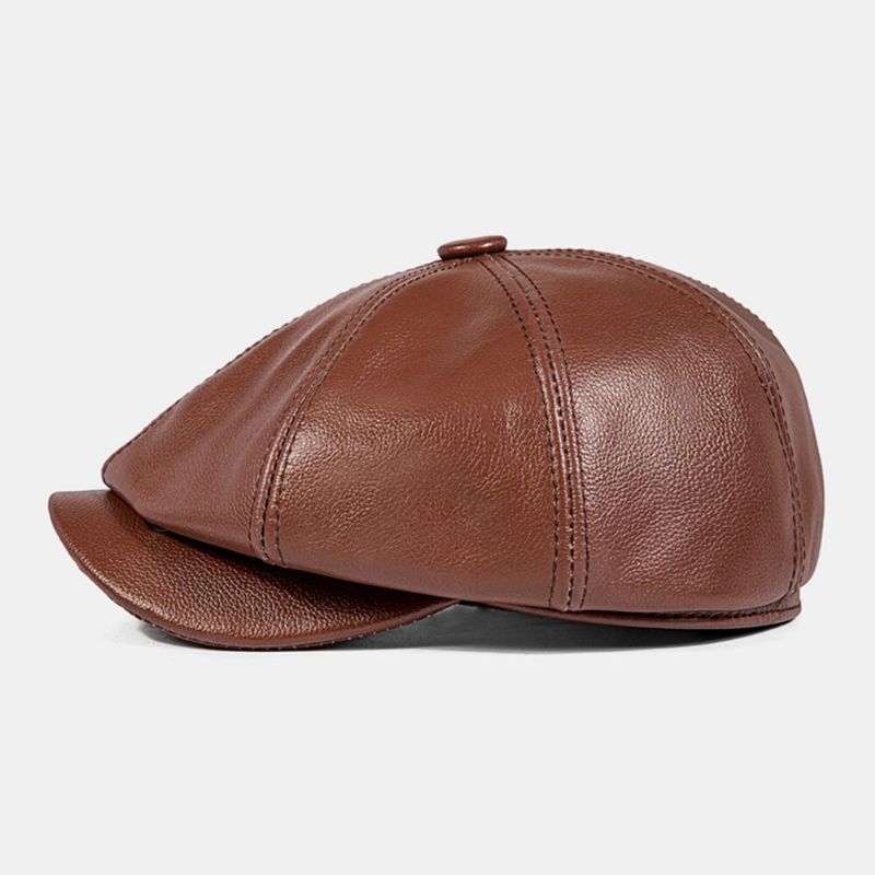 Hommes Chapeau Octogonal Plaine Première Couche Peau De Vache Automne Hiver Coupe-vent Chaud Bérets Gavroche Chapeaux