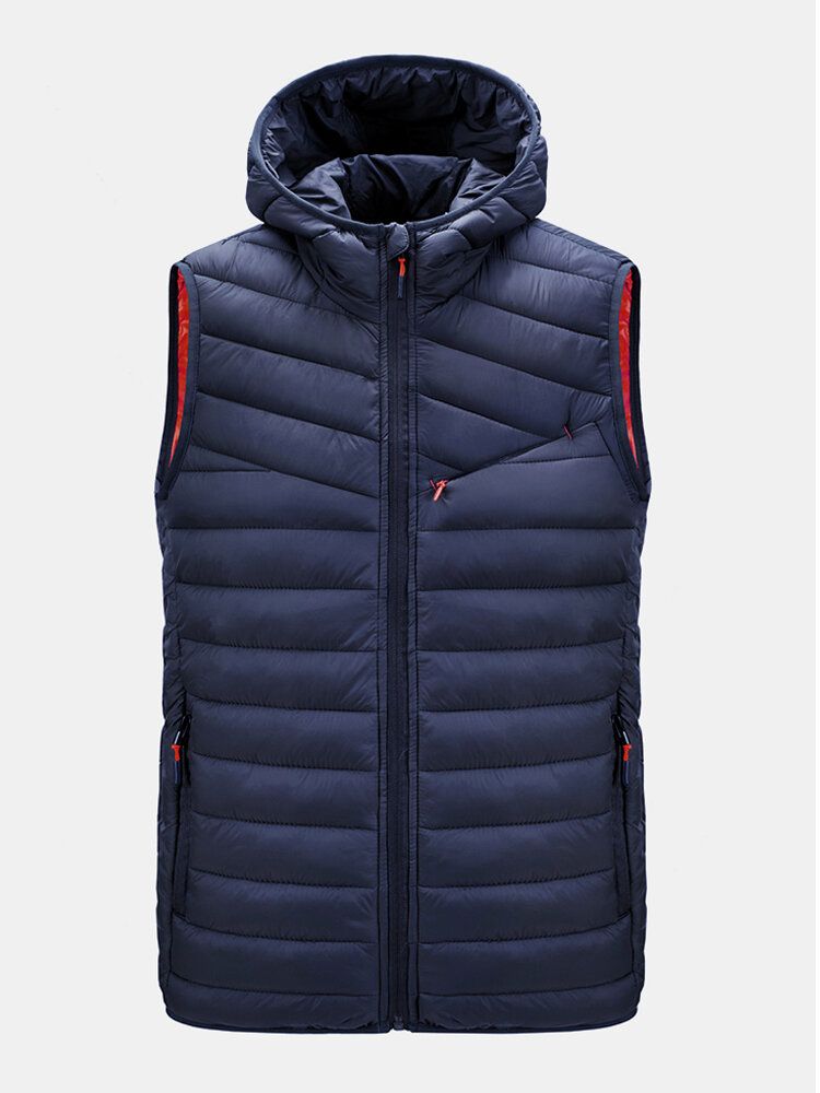 Hommes Chaud Couleur Unie Poche Zippée Couleur Unie Sans Manches À Capuche Rembourré Gilet Gilets