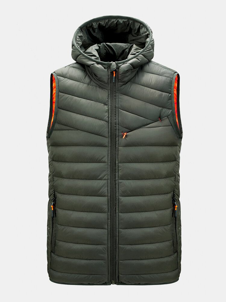 Hommes Chaud Couleur Unie Poche Zippée Couleur Unie Sans Manches À Capuche Rembourré Gilet Gilets