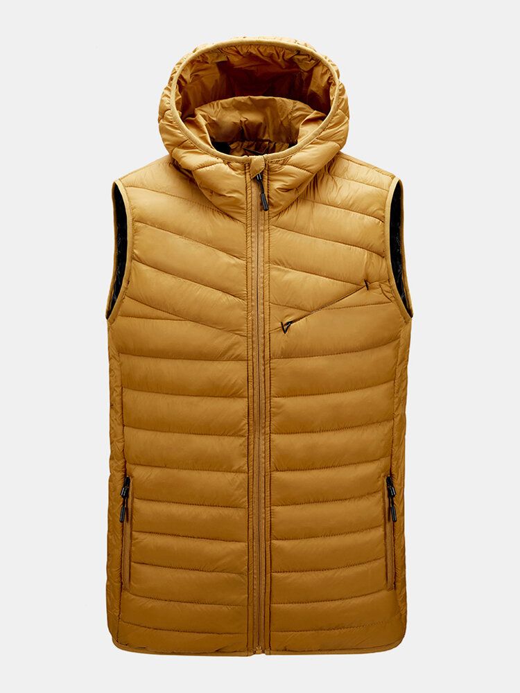 Hommes Chaud Couleur Unie Poche Zippée Couleur Unie Sans Manches À Capuche Rembourré Gilet Gilets