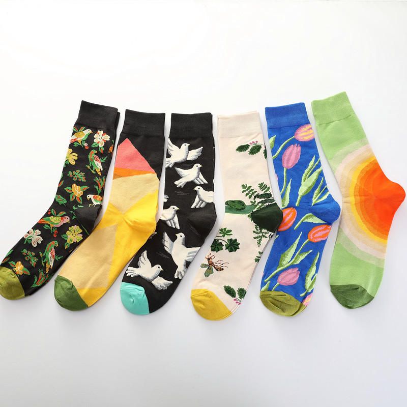 Hommes Colombe Tulipes Oiseaux Et Fleurs Illustration Mode Chaussettes