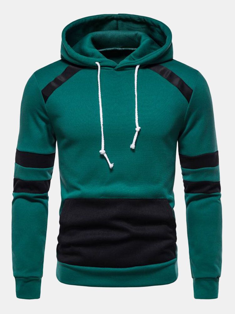 Hommes Color Block Strip Patch Poche Kangourou Cordon Casual Sweat À Capuche