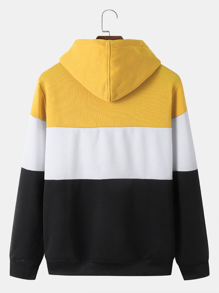 Hommes Color Block Strip Patchwork Kangourou Poche Lettre Cordon Sweat À Capuche