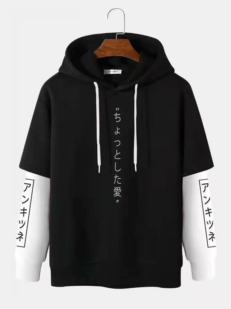 Hommes Colorblock Faux Deux Pièces Japonais Lettre Sweat À Capuche