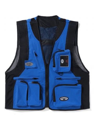 Hommes Colorblock Mesh Patchwork Applique Poches Zippées Gilets Utilitaires Respirants