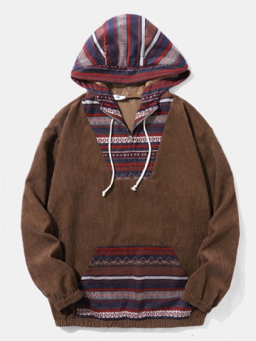 Hommes Corduroy Splicing Pathes Kangaroo Pocket Half Zip Ethnic Style Sweat À Capuche