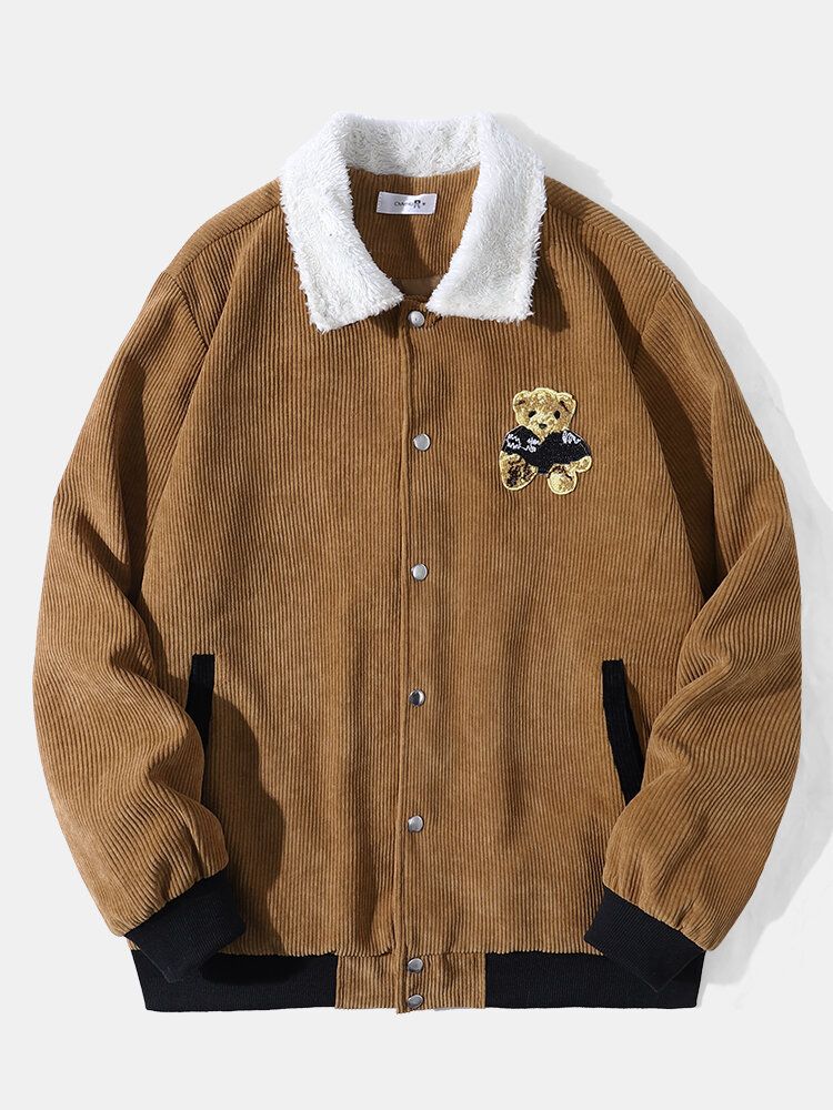 Hommes Corduroy Teddy Bears Polaire Revers Bouton Chaud Manteau Vestes