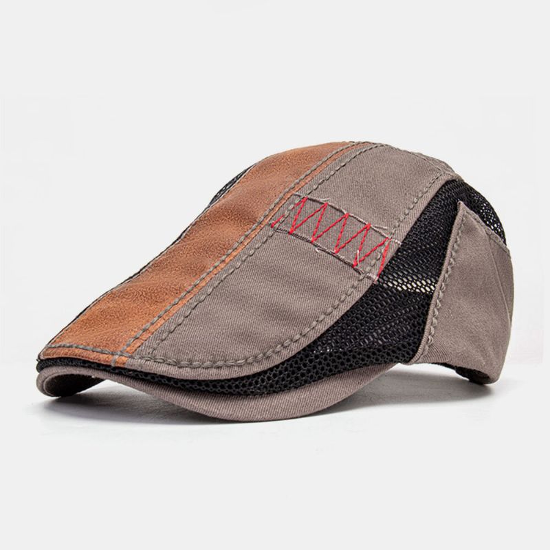 Hommes Coton Couleur Assortie Main Suture Maille Décontracté Parasol Respirant Béret Casquette Chapeau Plat