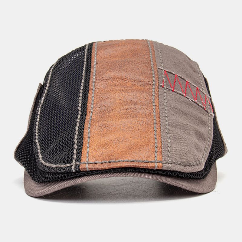 Hommes Coton Couleur Assortie Main Suture Maille Décontracté Parasol Respirant Béret Casquette Chapeau Plat