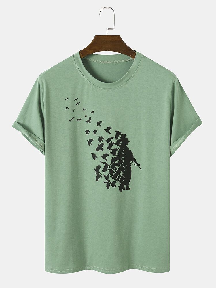 Hommes Coton Figure Bird Print Metaphor Tous Assortis T-shirts Ras Du Cou Respectueux De La Peau