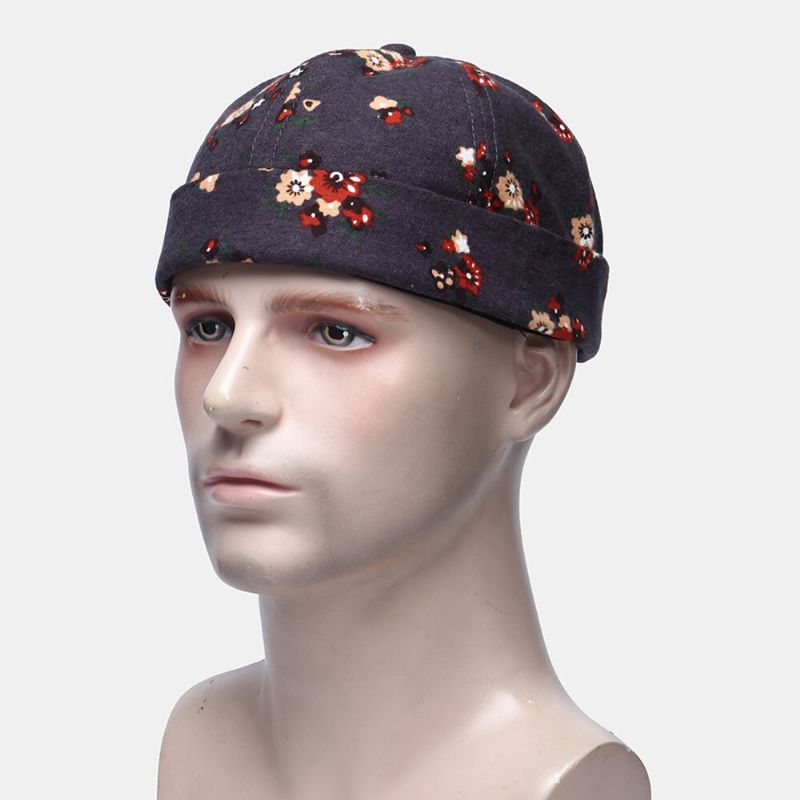 Hommes Coton Fleurs Motif Réglable Rétro Casual Sertissage Beanie Landlord Cap Skull Cap