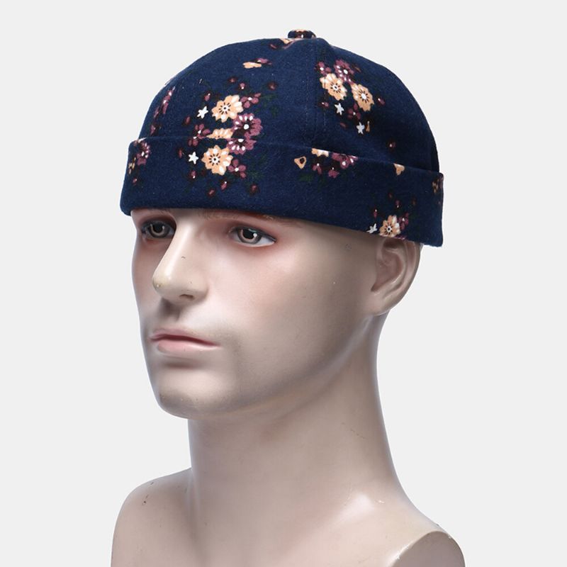 Hommes Coton Fleurs Motif Réglable Rétro Casual Sertissage Beanie Landlord Cap Skull Cap