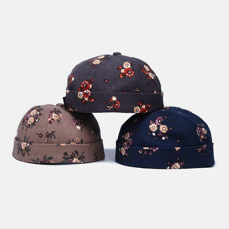 Hommes Coton Fleurs Motif Réglable Rétro Casual Sertissage Beanie Landlord Cap Skull Cap