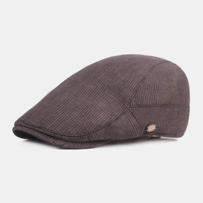 Hommes Coton Lin Béret Cap Rayé Motif Casual Parasol Avant Cap Plat Chapeau