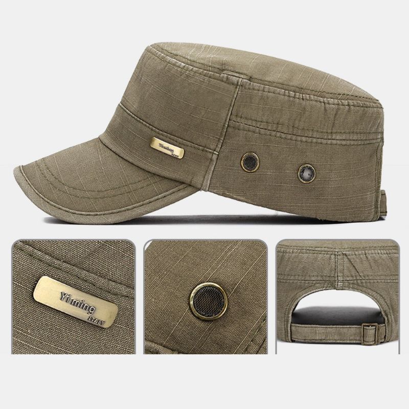 Hommes Coton Métal Lettre Badge Couleur Unie Lavé Make-old Mesh Respirant Transpiration Extérieur Chapeau Plat Casquette À Visière Chapeau Militaire