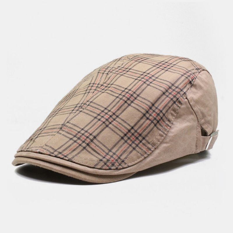 Hommes Coton Motif À Carreaux Couleur Correspondant Décontracté Crème Solaire Béret Casquette Plat Chapeau Avant Chapeau Peintre Chapeau