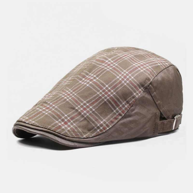 Hommes Coton Motif À Carreaux Couleur Correspondant Décontracté Crème Solaire Béret Casquette Plat Chapeau Avant Chapeau Peintre Chapeau