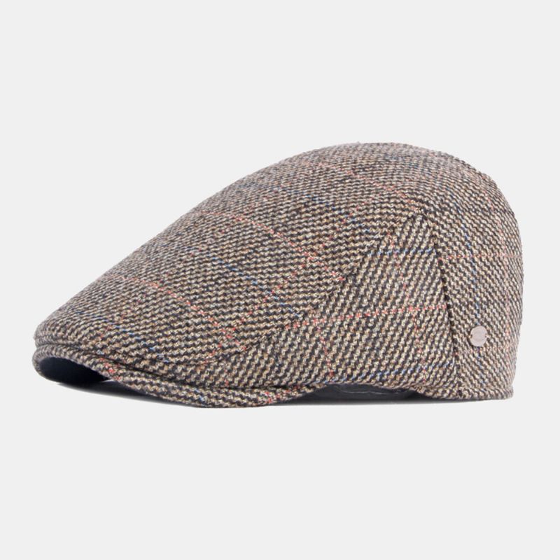 Hommes Coton Motif De Treillis Coloré Plus Velours Chaud Bérets Britannique Rétro Décontracté Parasol Avant Chapeau Gavroche Chapeau