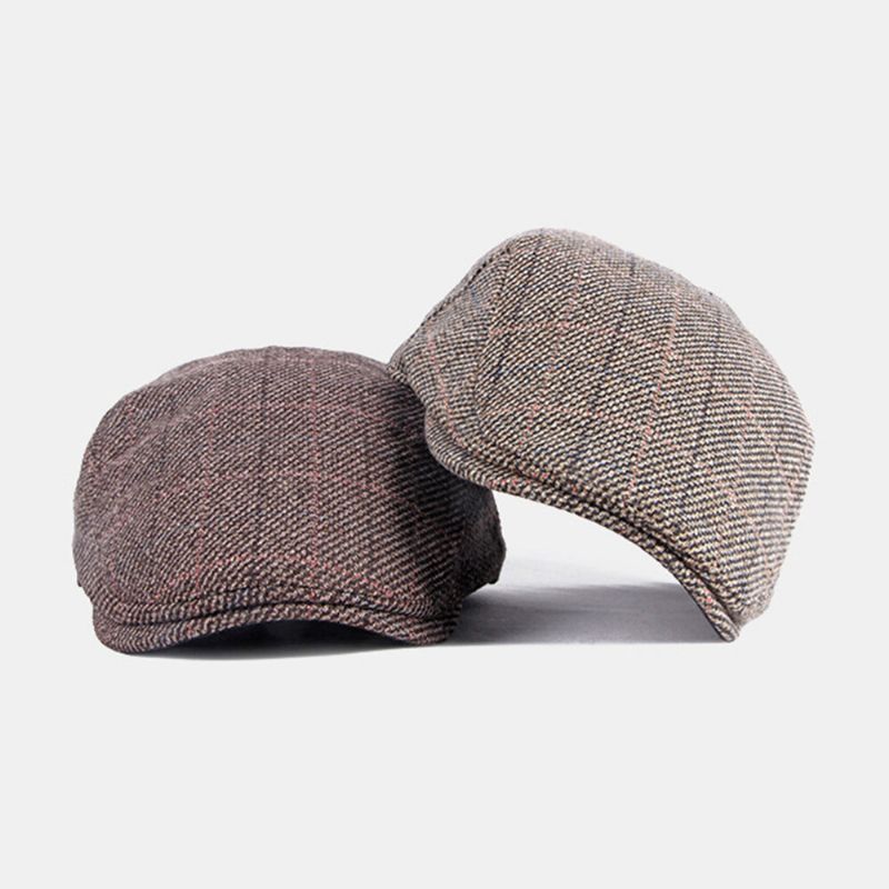 Hommes Coton Motif De Treillis Coloré Plus Velours Chaud Bérets Britannique Rétro Décontracté Parasol Avant Chapeau Gavroche Chapeau