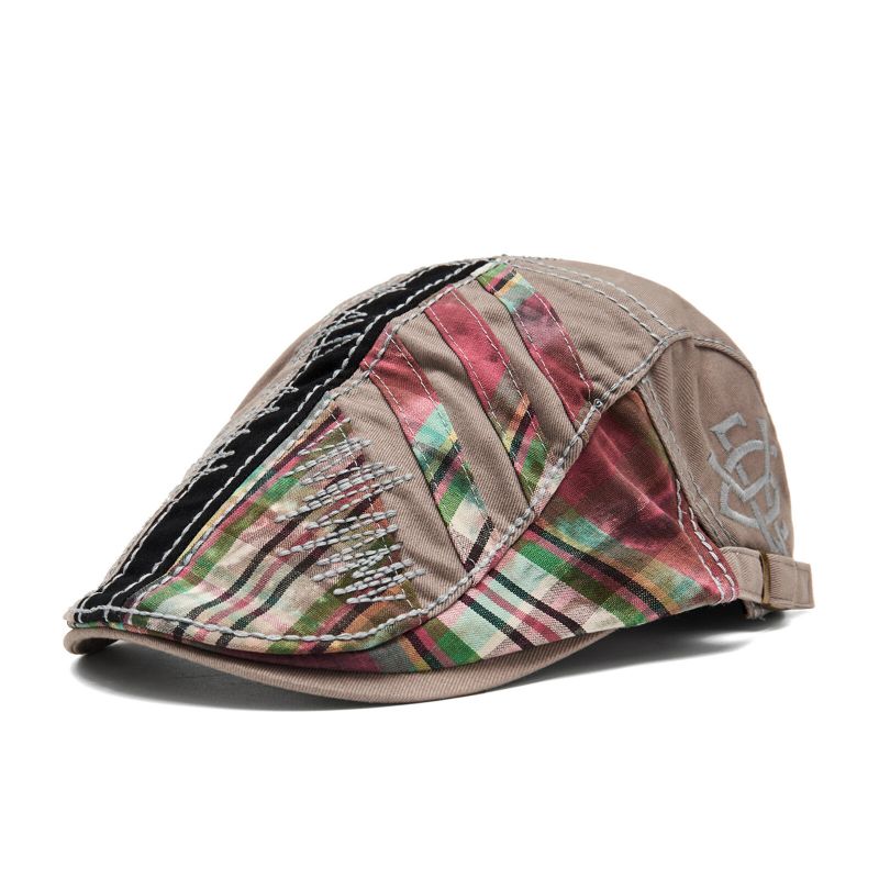 Hommes Coton Outdoor Spliced Plaid Panel Visor Vintage Hat Beret Flat Cap