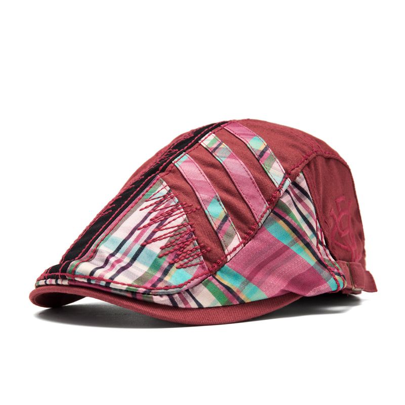 Hommes Coton Outdoor Spliced Plaid Panel Visor Vintage Hat Beret Flat Cap