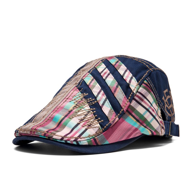 Hommes Coton Outdoor Spliced Plaid Panel Visor Vintage Hat Beret Flat Cap