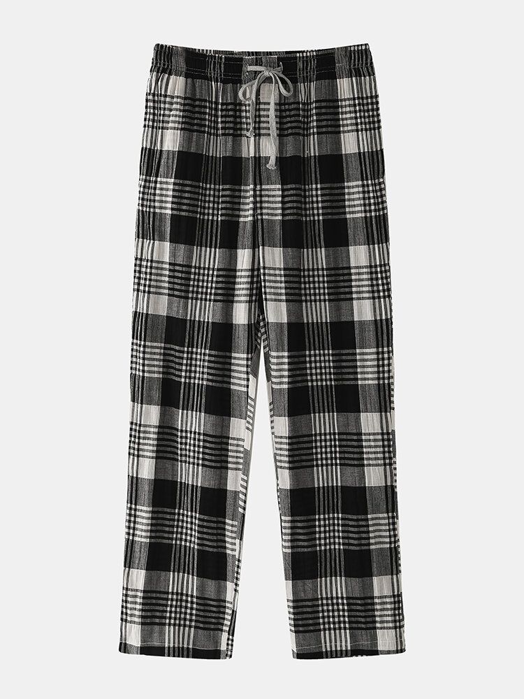 Hommes Coton Plaid Imprimé Mince Lâche Respirant Maison Cordon Mi Taille Salon Pantalon De Sommeil