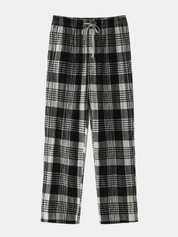 Hommes Coton Plaid Imprimé Mince Lâche Respirant Maison Cordon Mi Taille Salon Pantalon De Sommeil