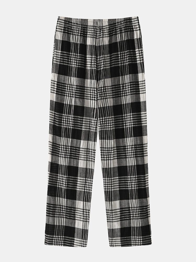 Hommes Coton Plaid Imprimé Mince Lâche Respirant Maison Cordon Mi Taille Salon Pantalon De Sommeil