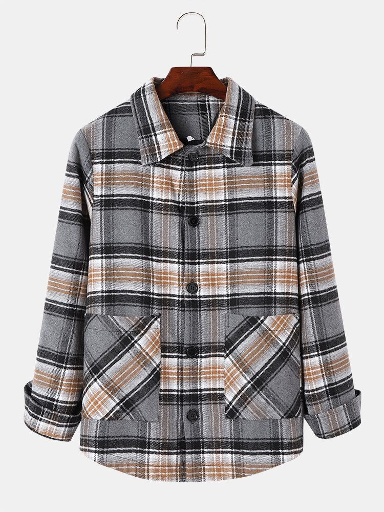 Hommes Coton Plaid Poches Contraste Revers Bouton Chemise Décontractée Vestes