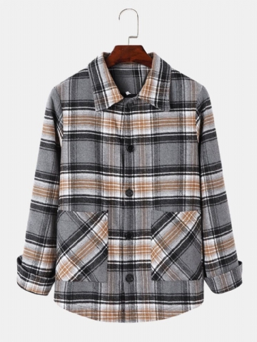 Hommes Coton Plaid Poches Contraste Revers Bouton Chemise Décontractée Vestes