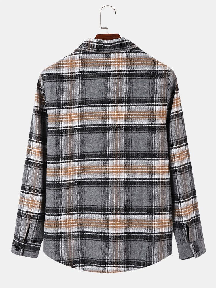 Hommes Coton Plaid Poches Contraste Revers Bouton Chemise Décontractée Vestes