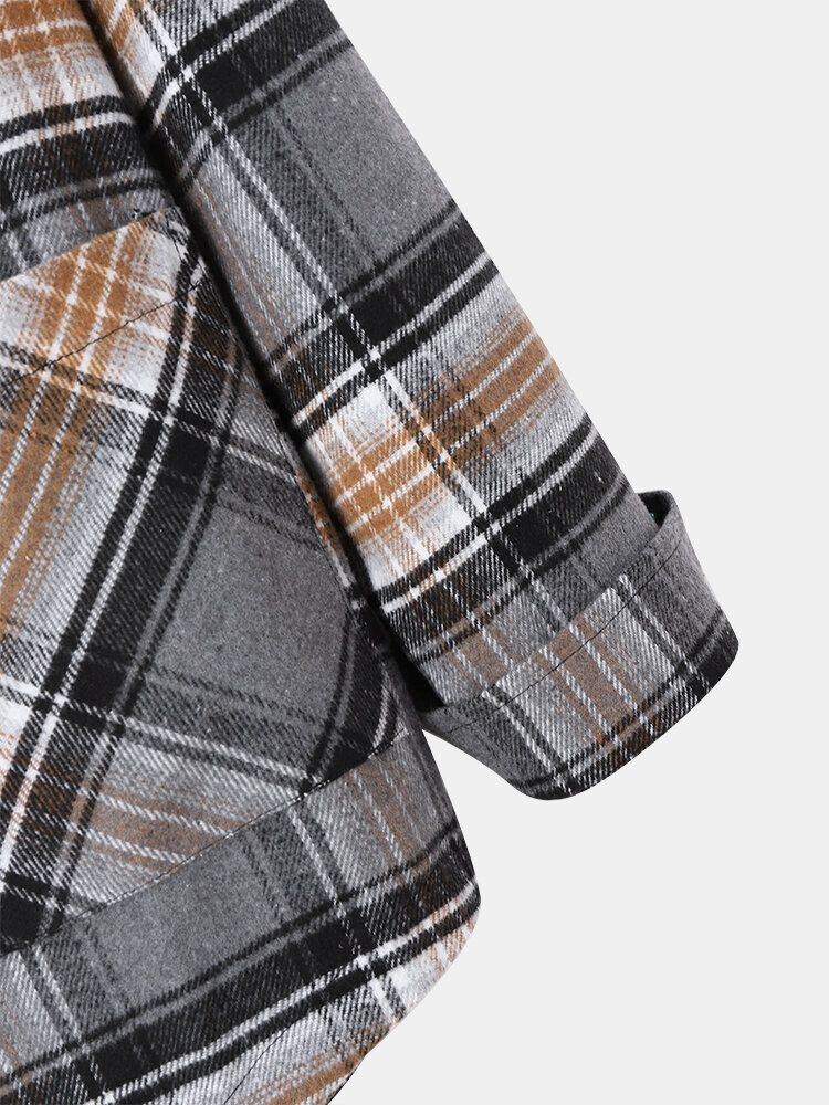 Hommes Coton Plaid Poches Contraste Revers Bouton Chemise Décontractée Vestes