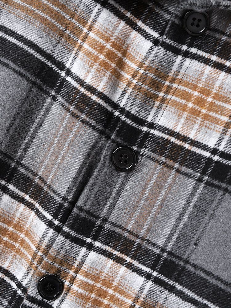 Hommes Coton Plaid Poches Contraste Revers Bouton Chemise Décontractée Vestes