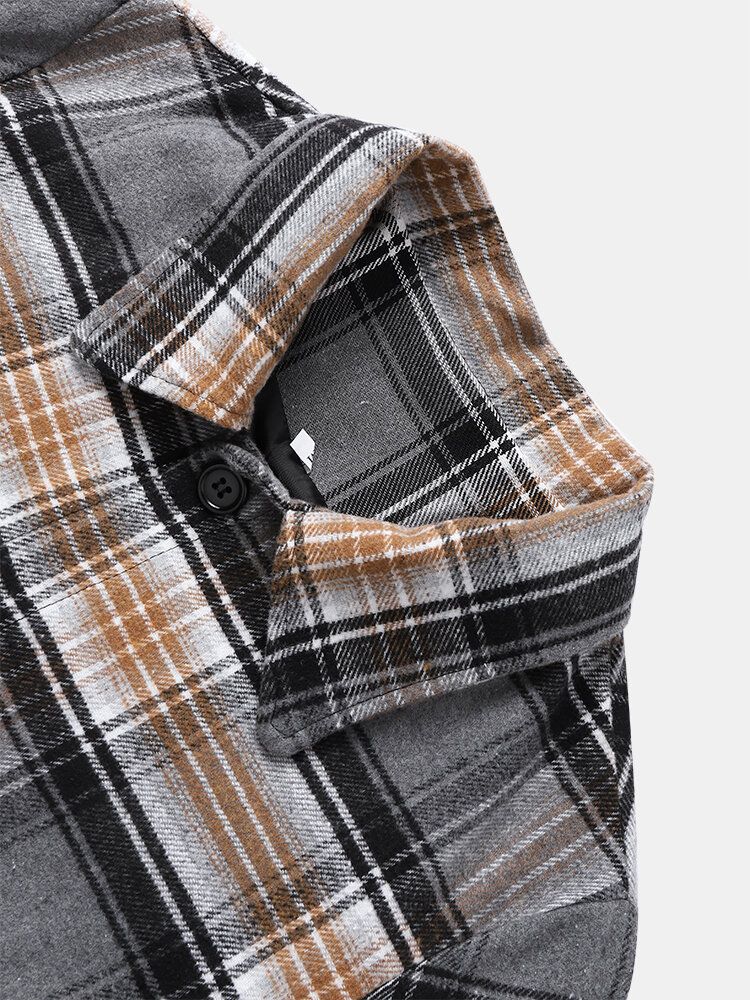 Hommes Coton Plaid Poches Contraste Revers Bouton Chemise Décontractée Vestes