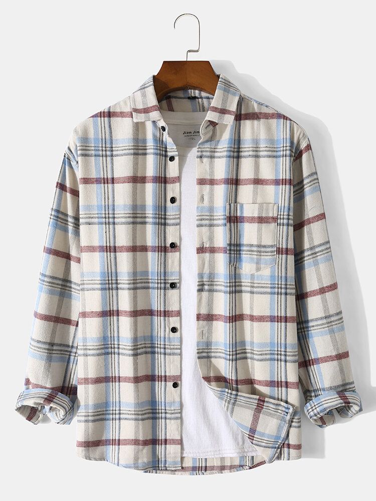 Hommes Coton Plaid Revers Col Boutons Poches Manches Longues Chemises Décontractées