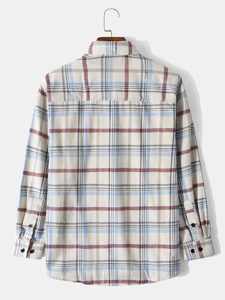 Hommes Coton Plaid Revers Col Boutons Poches Manches Longues Chemises Décontractées