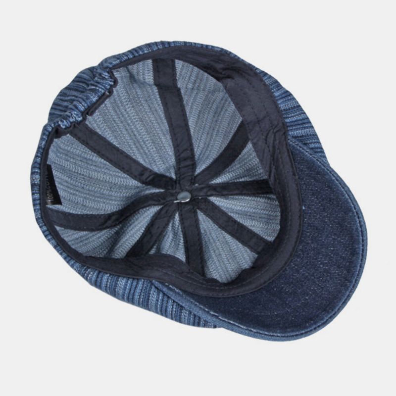 Hommes Coton Rayure Motif Lavé Octogonal Chapeau Britannique Mode Décontracté Crème Solaire Peintre Chapeau Gavroche Chapeau Plat Chapeau