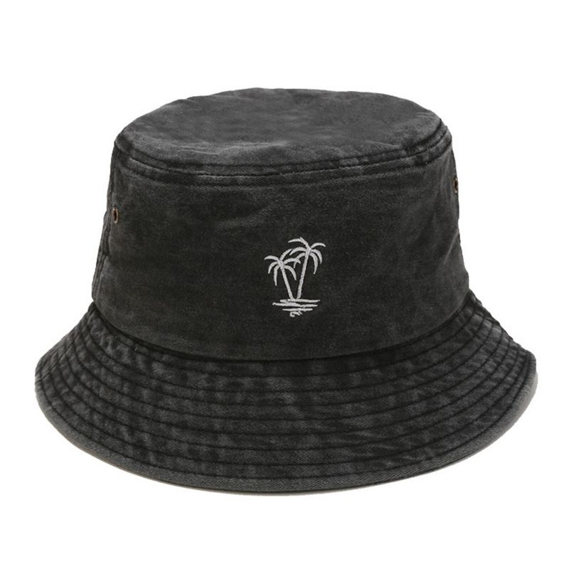 Hommes Coton Vintage Lavé Noix De Coco Brodé Sports De Plein Air Pêche Randonnée Chapeau Seau Chapeau